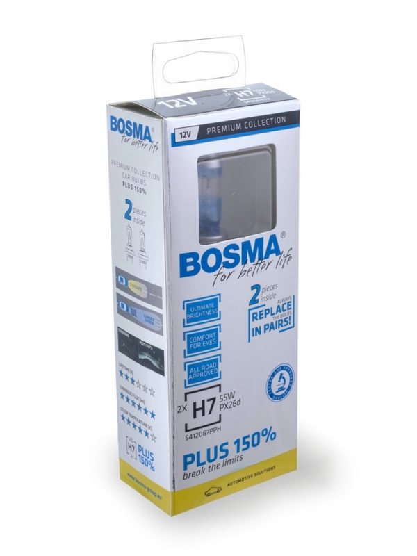 Bosma car lamp H7, 55W, Plus 150%, 12V PX26d white 