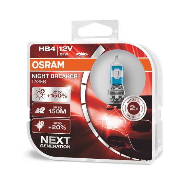 Osram lemputės Night Breaker Laser,+150%, HB4, 51W,2 vnt, DUO O900 